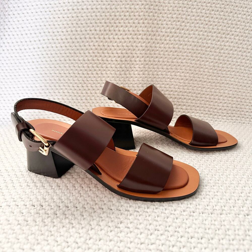 Mansur Gavriel NWOB Double Strap Chocolate Leather Block Heeled Open Sandals 37